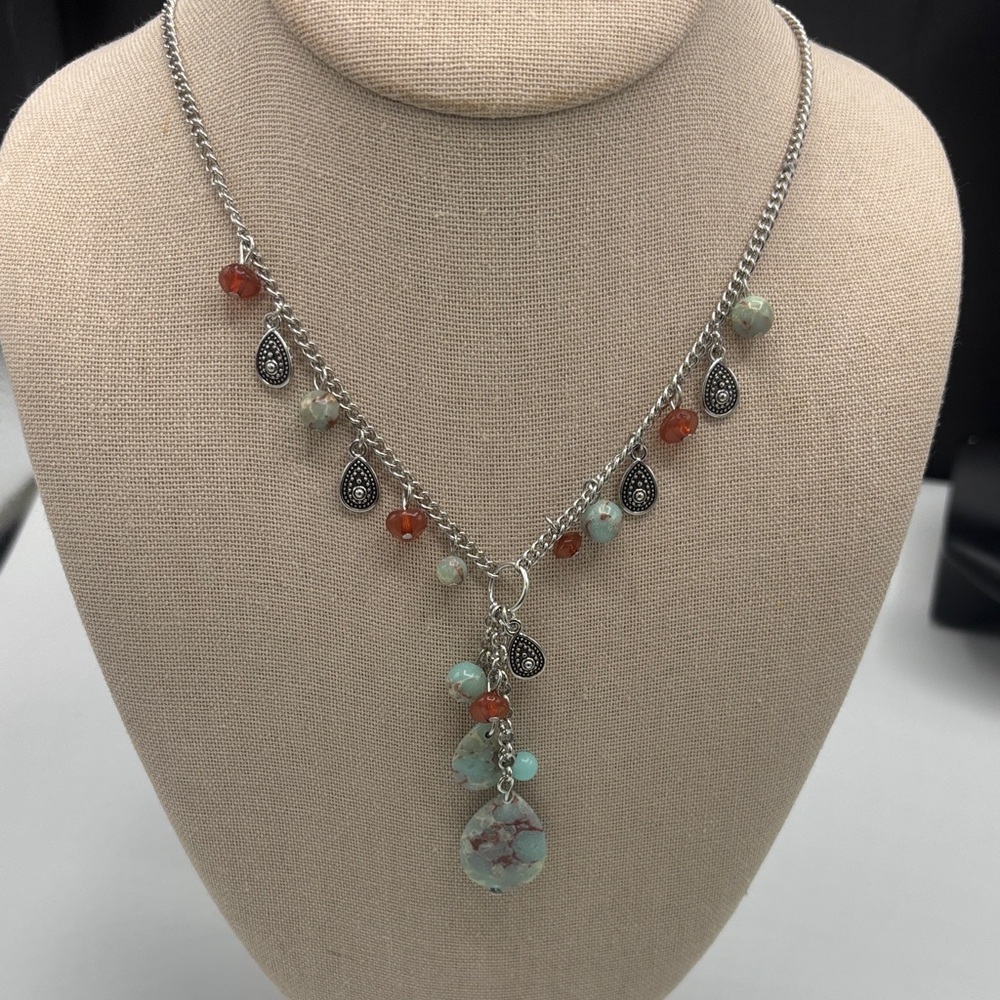 Silver Chain Necklace with Aqua and Coral Bead Drops